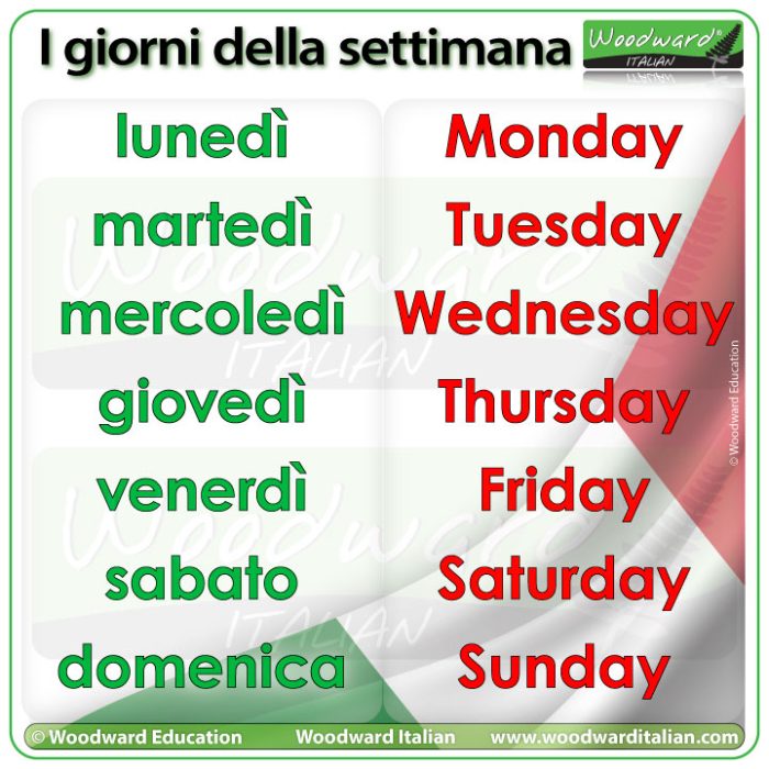 I giorni della settimana in italiano - Days of the week in Italian.